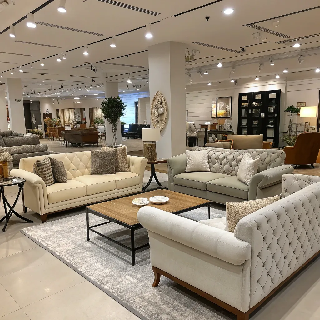 Designer furniture showroom with various pieces on display